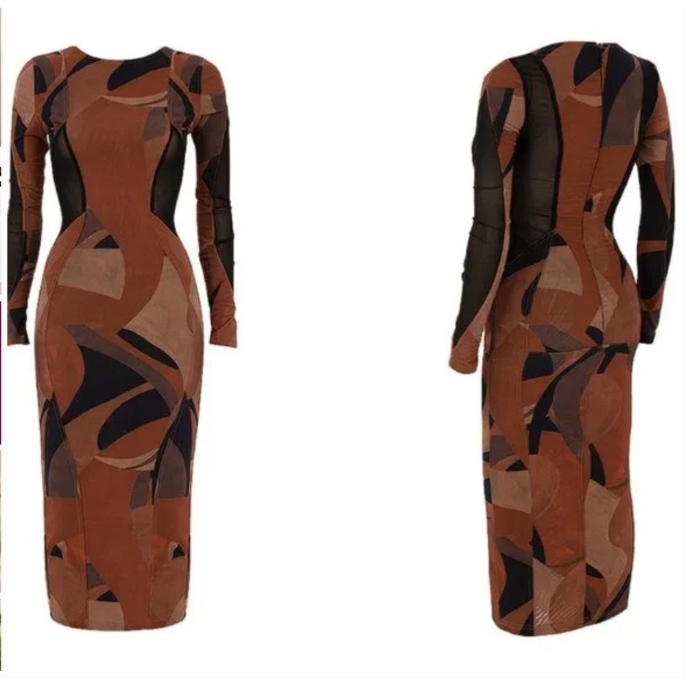 House of‎ CB Cassidy Brown Print Abstract Mesh Long Sleeve Midi Dress Size M